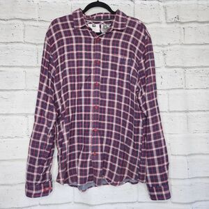 Analog Burton Blue Red Long Sleeve 100% Cotton Button Down Collared Shirt Plaid